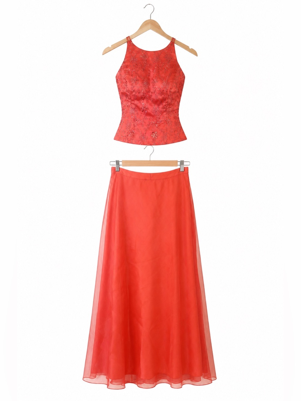 Vtg 90s Y2K Blondie Nites Coral 2-Piece Prom Dress Corset Maxi Skirt Set size 3
